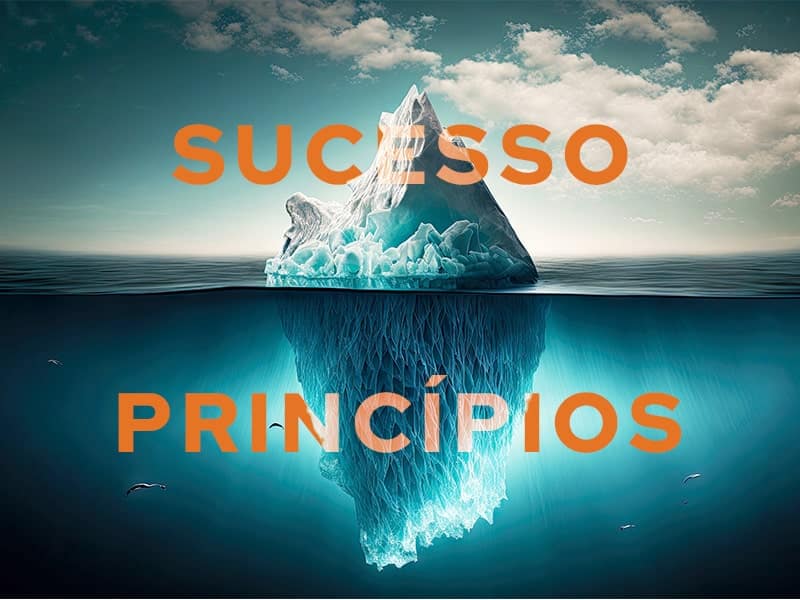 Imagem de um iceberg, onde a parte visível acima da água está rotulada como 'Sucesso' e a parte submersa maior está rotulada como 'Princípios', destacando a importância dos princípios como base para o sucesso.